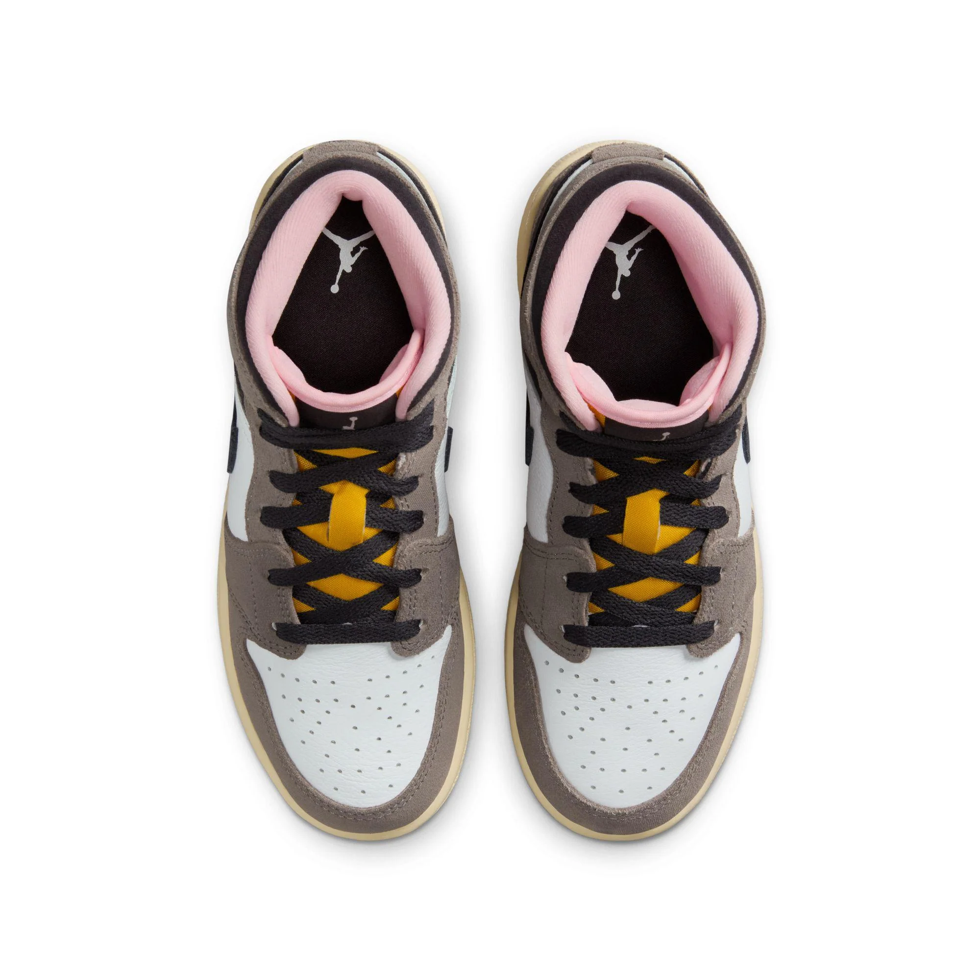 Air Jordan 1 Mid SE Big Kids' Shoes White/Oil Grey-Cave Stone-Dark Sulfur - Image 4
