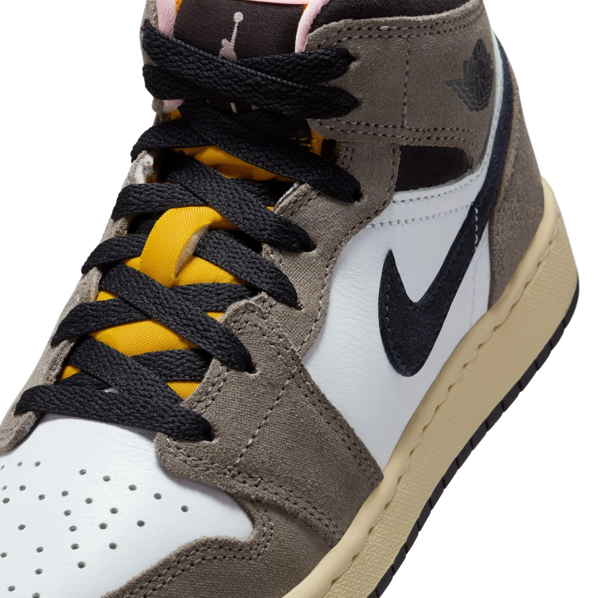 Air Jordan 1 Mid SE Big Kids' Shoes White/Oil Grey-Cave Stone-Dark Sulfur - Image 5