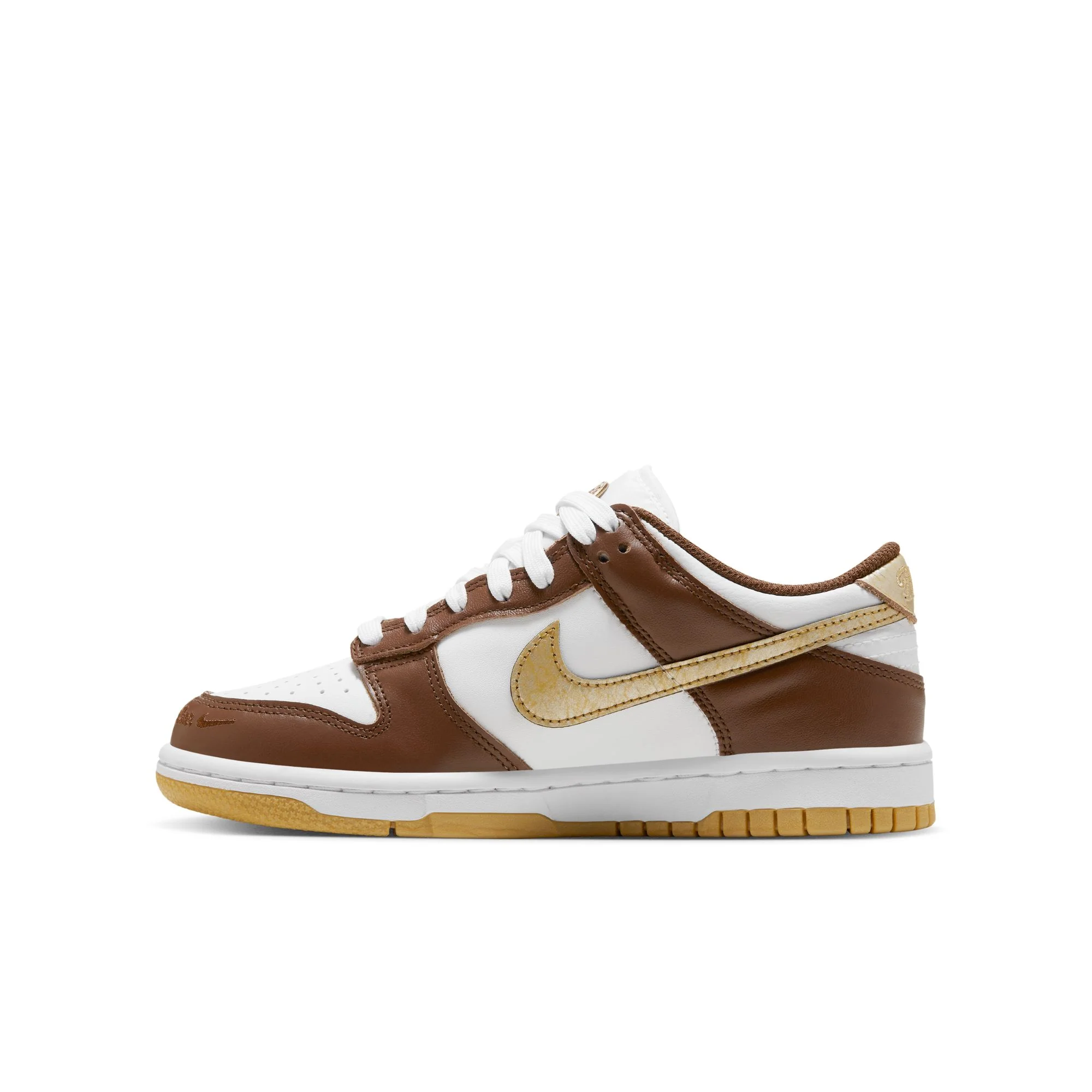 Youth (GS) Nike Dunk Low - WHITE/METALLIC GOLD-WHITE-CACAO WOW - Image 6